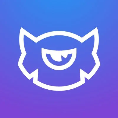Logo avec un dégrader de couleurs violet et bleu avec un petit monstre blanc au milieu