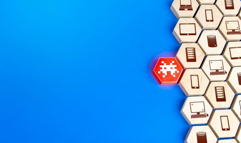 Virus attacks the network with electronic devices. Threat of malware infection of computers