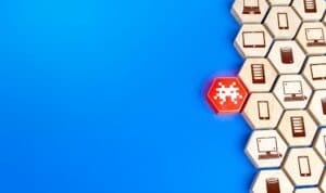 Virus attacks the network with electronic devices. Threat of malware infection of computers