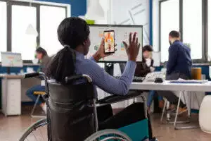 Handicapped disabled african american businesswoman greeting remote teamwork