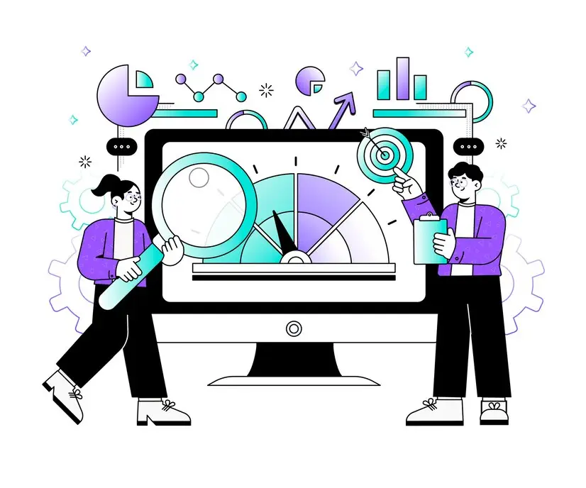 Illustration avec deux personnages mettant en avant le SEO et le référencement