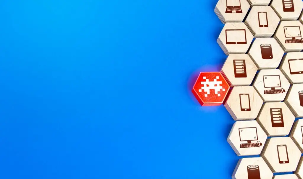 Virus attacks the network with electronic devices. Threat of malware infection of computers