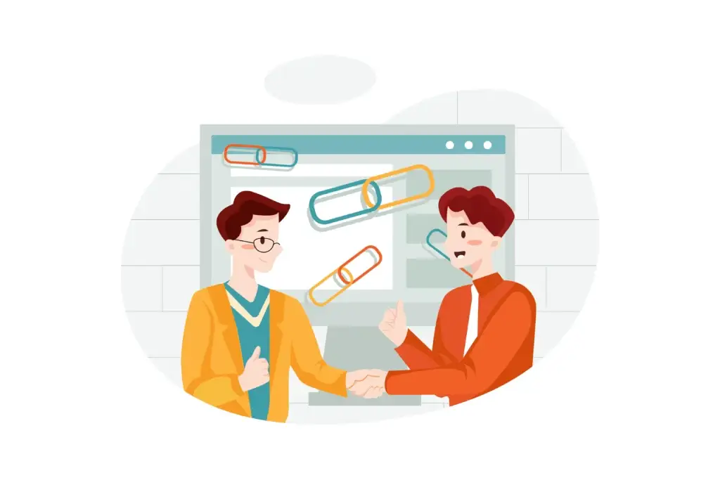 Illustration de deux personnes se serrant la main avec un fichier derrière et des trombones