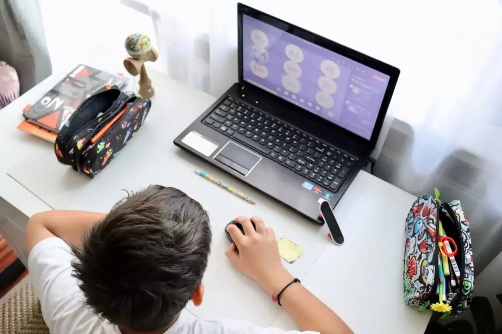 A boy learning online. Education online. School in home.Using technology.