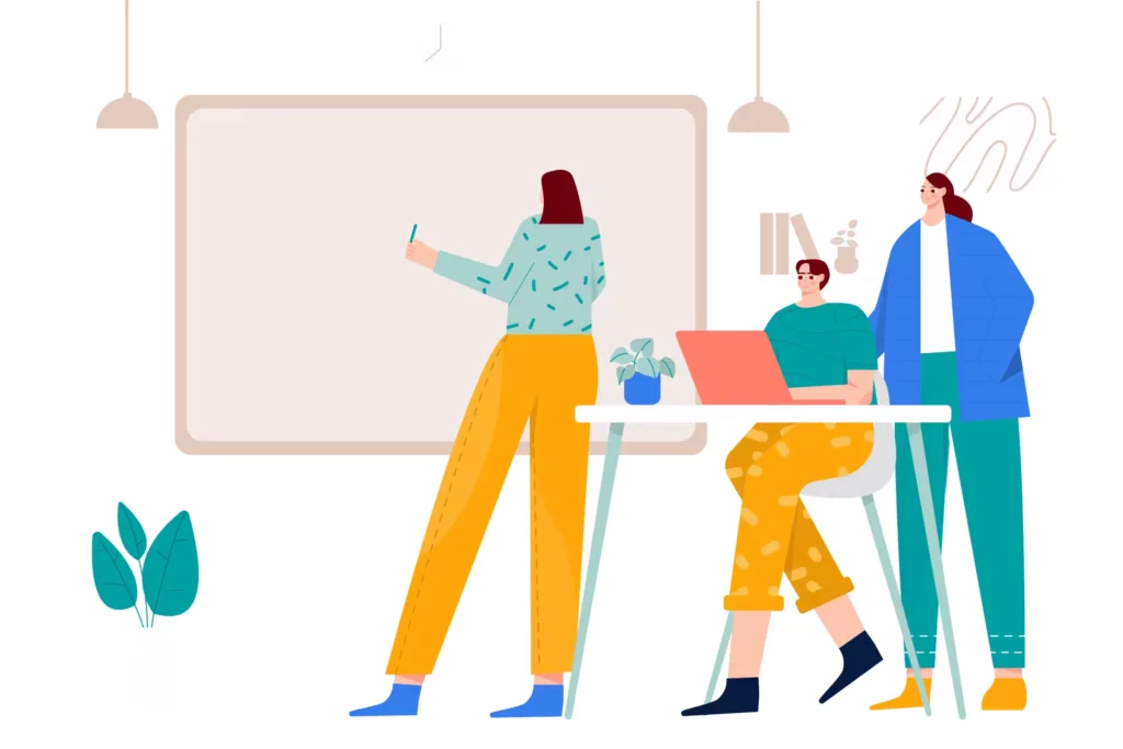 Illustration de 3 femmes entrain de travailler ensemble sur le même projet