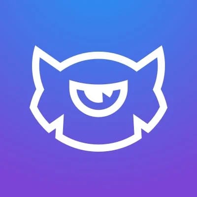 Logo avec un dégrader de couleurs violet et bleu avec un petit monstre blanc au milieu